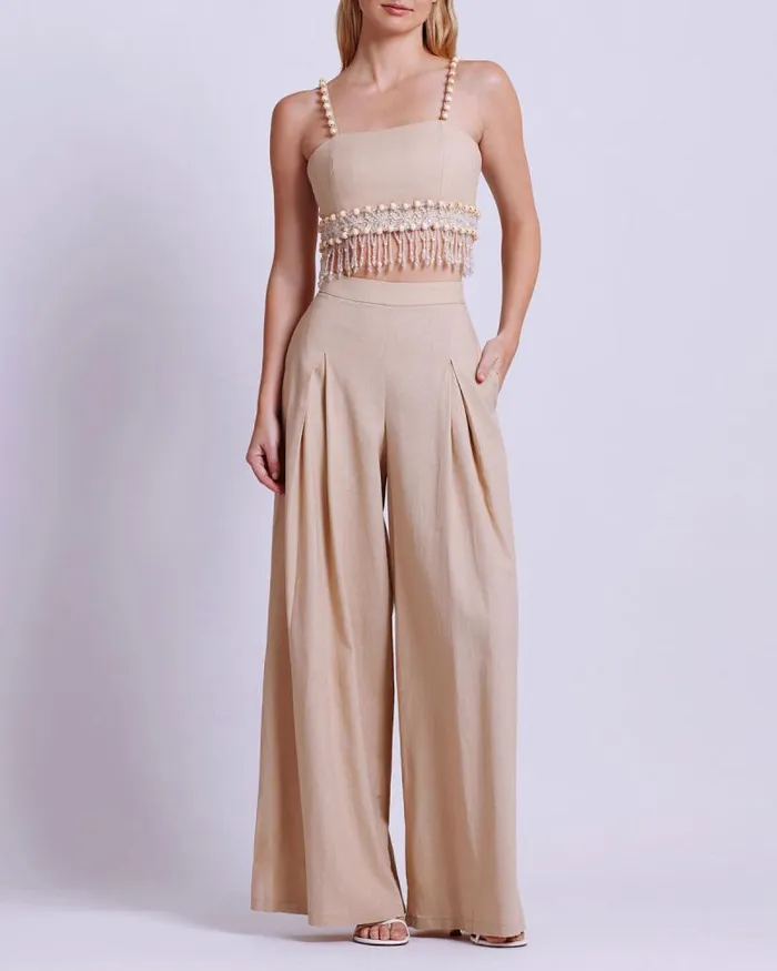 Women Matching Sets PatBO Wood And Crystal Beaded Linen Top Sand