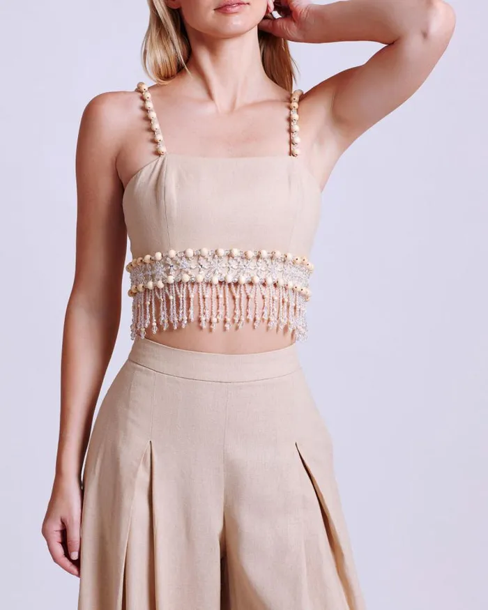 Women Matching Sets PatBO Wood And Crystal Beaded Linen Top Sand