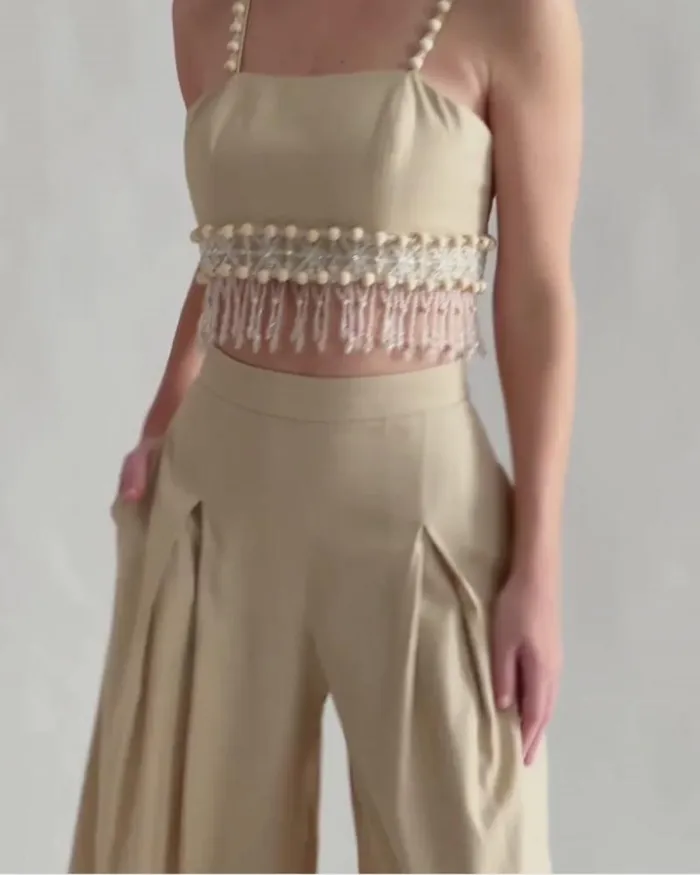 Women Matching Sets PatBO Wood And Crystal Beaded Linen Top Sand