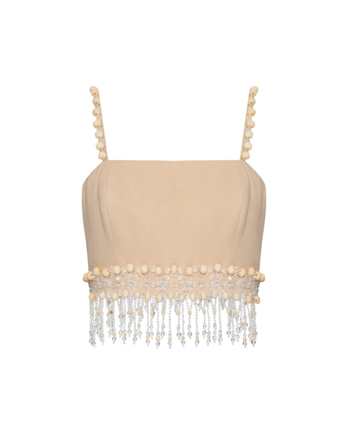 Women Matching Sets PatBO Wood And Crystal Beaded Linen Top Sand