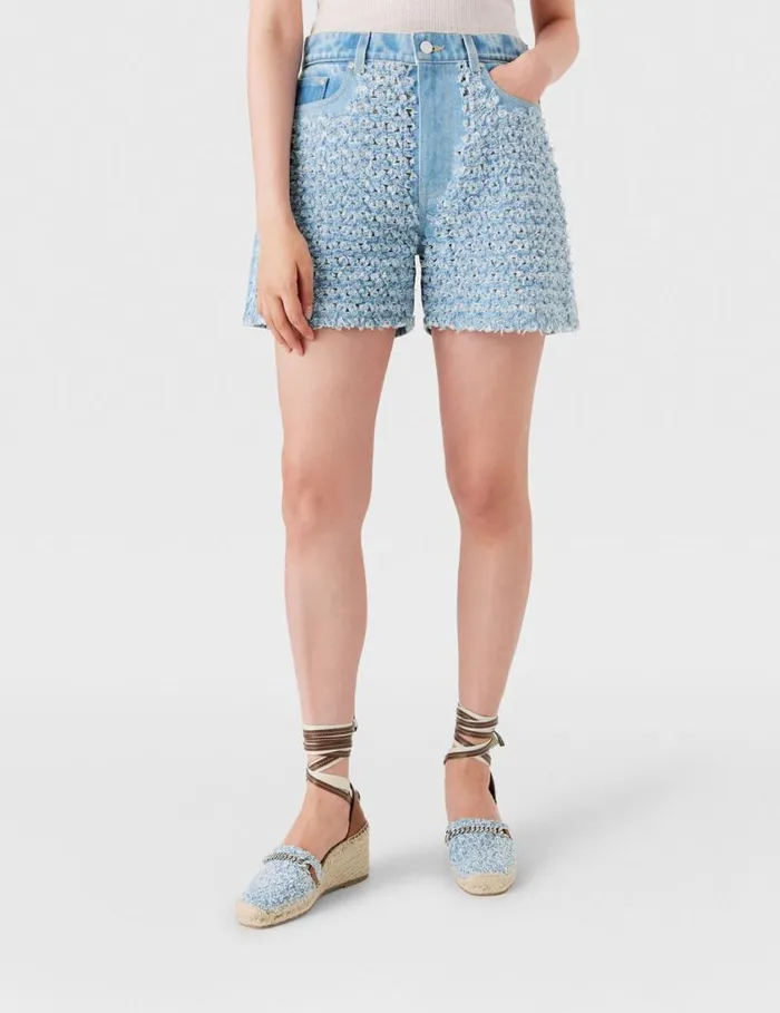 Women Midrise Denim Boucl Shorts Light Blue Stella McCartney Pants And Shorts