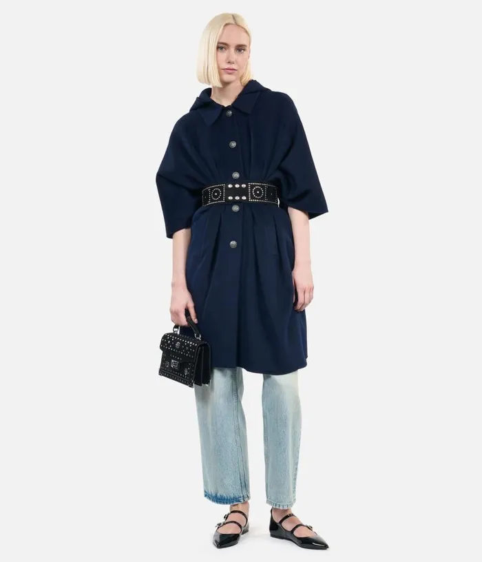 Women Navy Blue Long Hooded Woolblend Cape THE KOOPLES Coats and Jackets