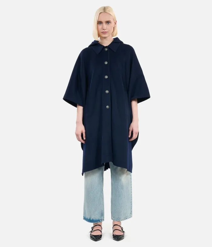 Women Navy Blue Long Hooded Woolblend Cape THE KOOPLES Coats and Jackets