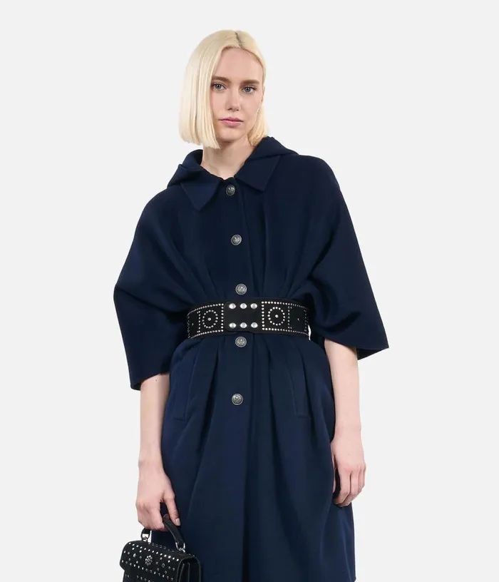 Women Navy Blue Long Hooded Woolblend Cape THE KOOPLES Coats and Jackets