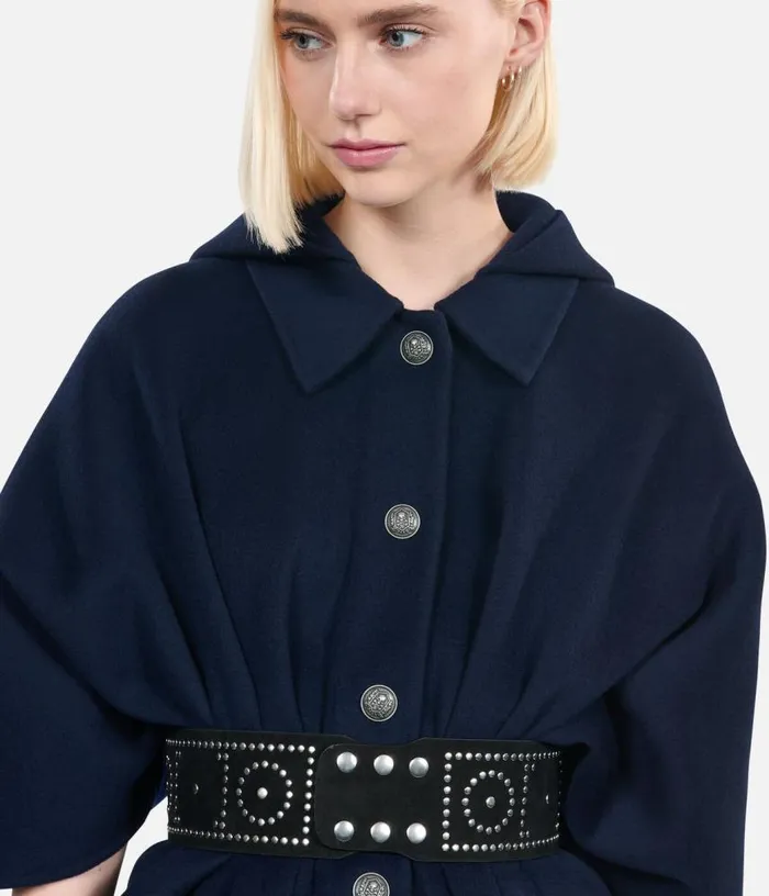 Women Navy Blue Long Hooded Woolblend Cape THE KOOPLES Coats and Jackets