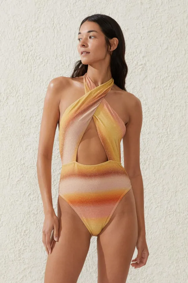 Women One Piece Swimsuits Cotton On Halter Neck One Piece Brazilian Sierra Ombre Sunrise Metallic