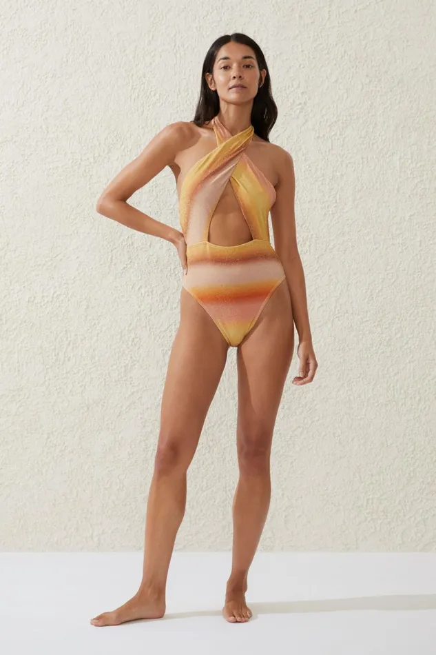 Women One Piece Swimsuits Cotton On Halter Neck One Piece Brazilian Sierra Ombre Sunrise Metallic