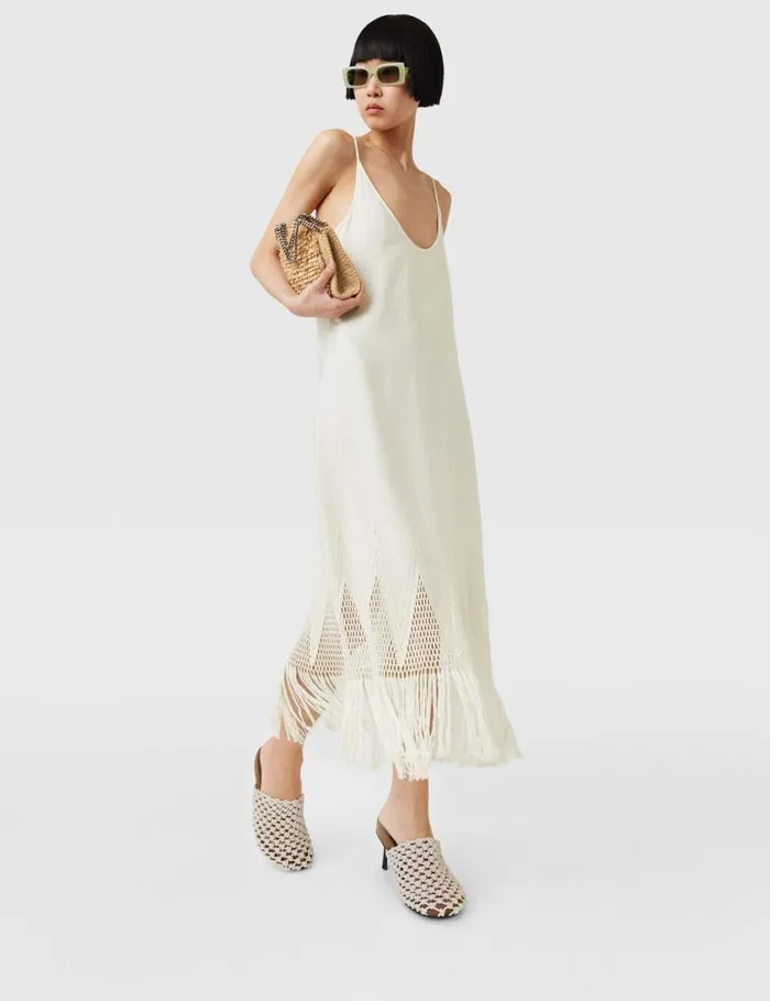 Women OpenKnit Fringe Midi Dress Cream Stella McCartney Dresses Women OpenKnit Fringe Midi Dress Cream Stella McCartney Dresses