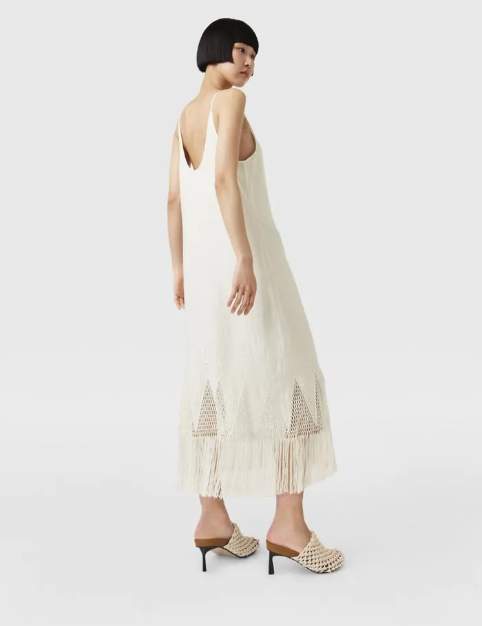 Women OpenKnit Fringe Midi Dress Cream Stella McCartney Dresses Women OpenKnit Fringe Midi Dress Cream Stella McCartney Dresses