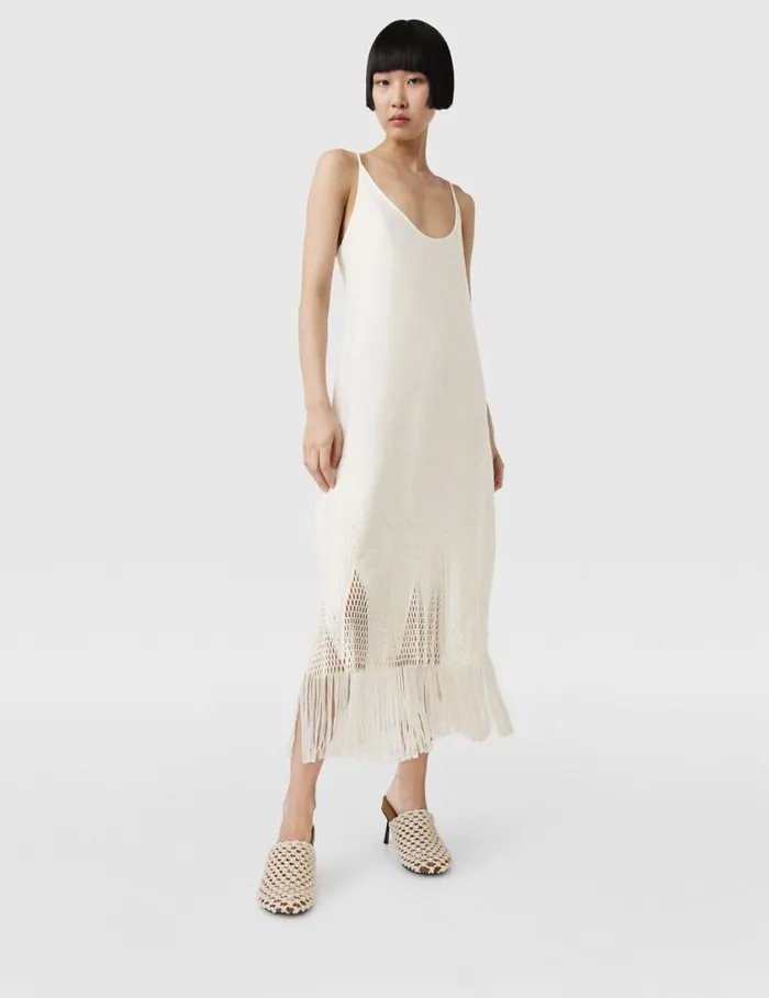 Women OpenKnit Fringe Midi Dress Cream Stella McCartney Dresses Women OpenKnit Fringe Midi Dress Cream Stella McCartney Dresses