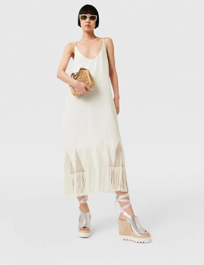 Women OpenKnit Fringe Midi Dress Cream Stella McCartney Dresses Women OpenKnit Fringe Midi Dress Cream Stella McCartney Dresses
