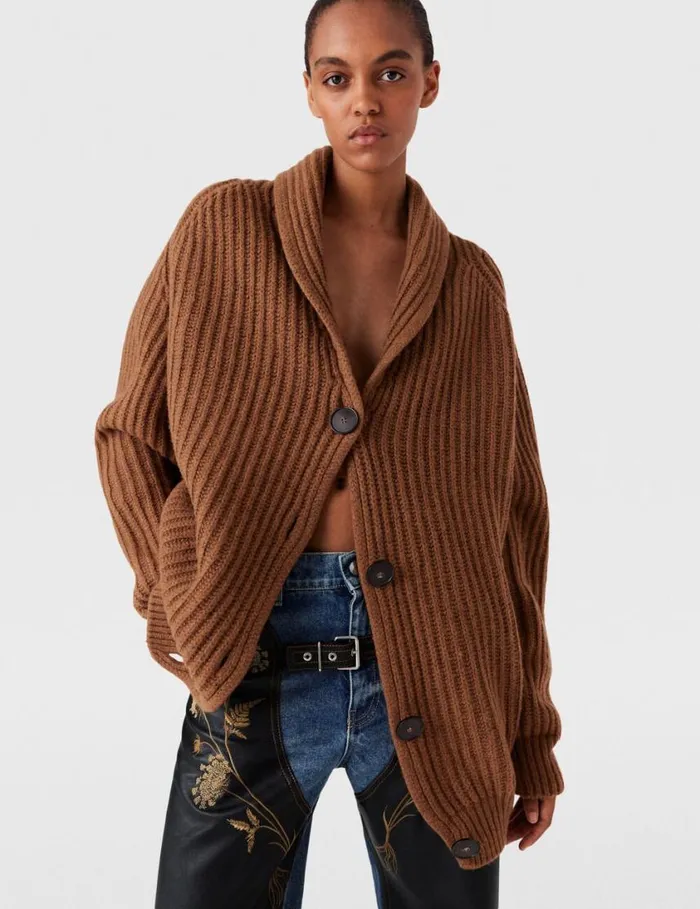 Women Oversized Ribbed VNeck Cardigan Tobacco Stella McCartney Knitwear Women Oversized Ribbed VNeck Cardigan Tobacco Stella McCartney Knitwear
