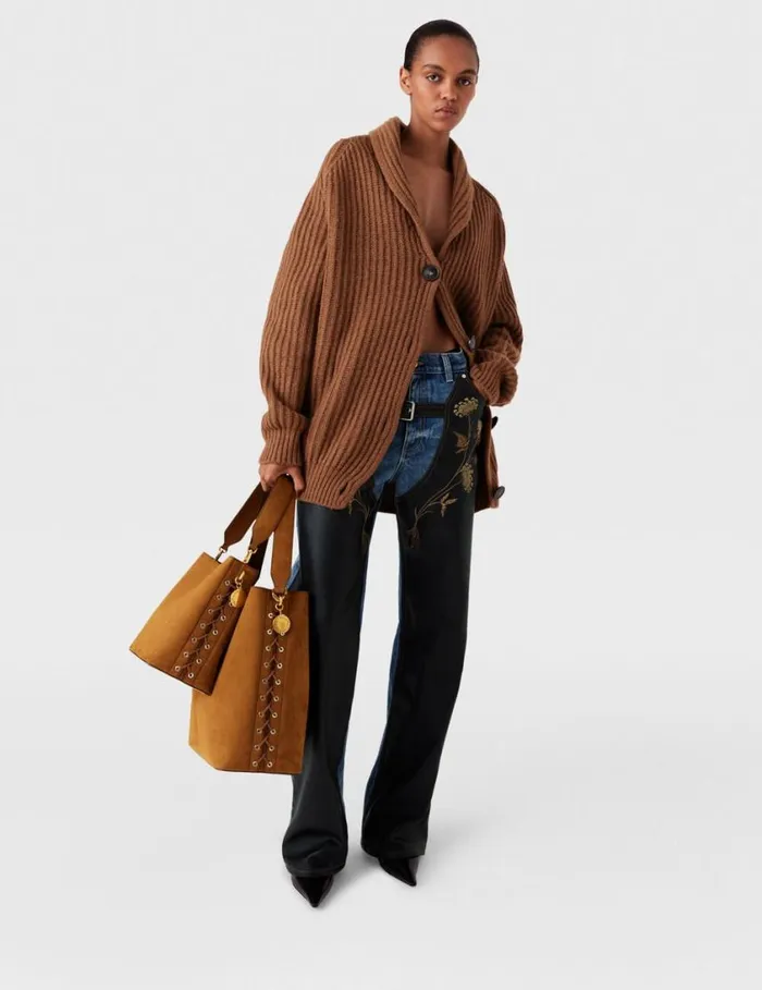 Women Oversized Ribbed VNeck Cardigan Tobacco Stella McCartney Knitwear Women Oversized Ribbed VNeck Cardigan Tobacco Stella McCartney Knitwear