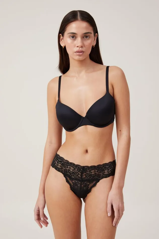 Women Panties Cotton On Everyday Lace Thong Brief Black