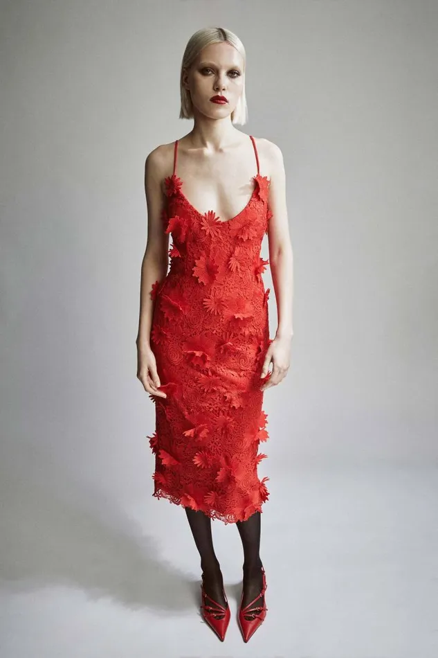 Women Party Dresses Bardot Adei Lace Midi Dress In Fire Red Fire Red