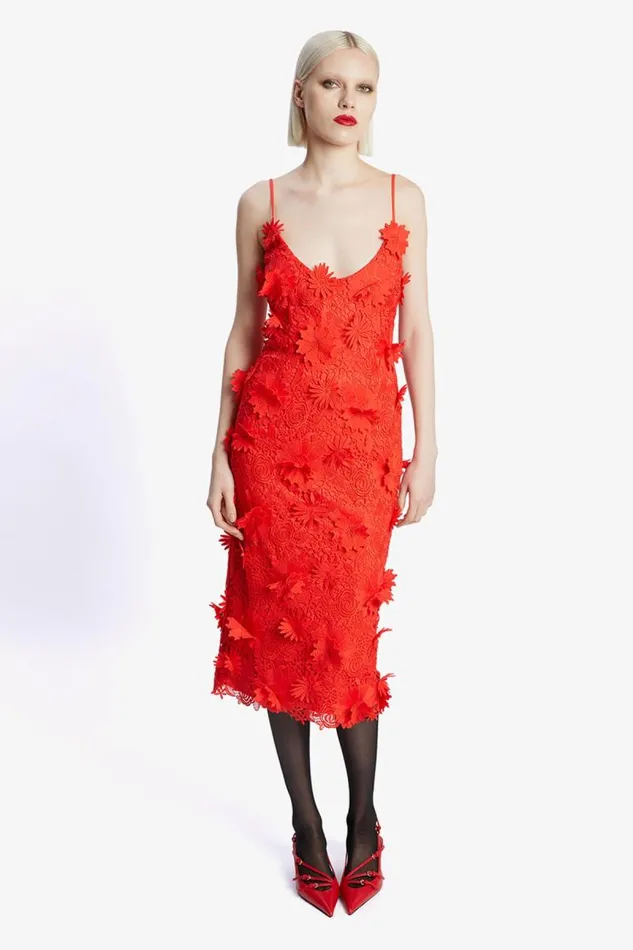 Women Party Dresses Bardot Adei Lace Midi Dress In Fire Red Fire Red