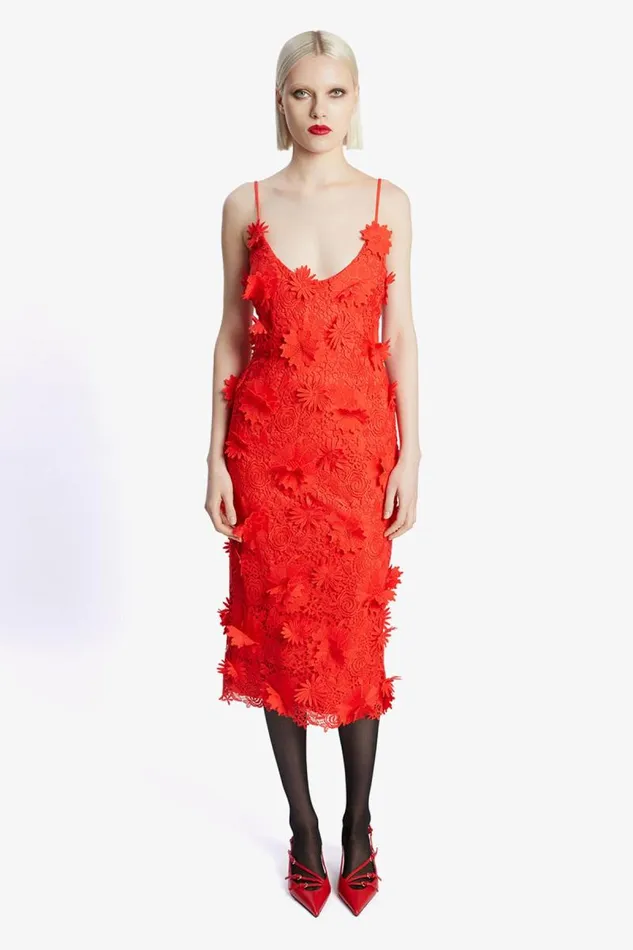 Women Party Dresses Bardot Adei Lace Midi Dress In Fire Red Fire Red