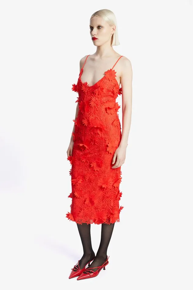 Women Party Dresses Bardot Adei Lace Midi Dress In Fire Red Fire Red
