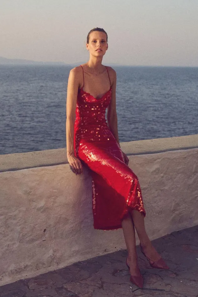 Women Party Dresses Bardot Karina Sequin Maxi Dress In Fire Red Fire Red