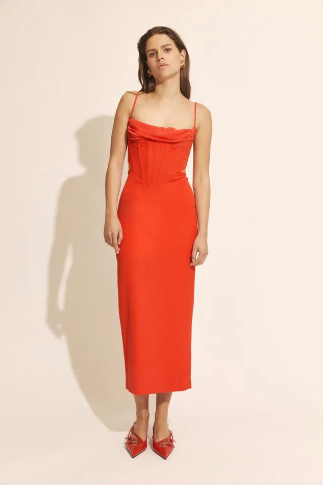 Women Party Dresses Bardot Martini Midi Dress In Fire Red Fire Red