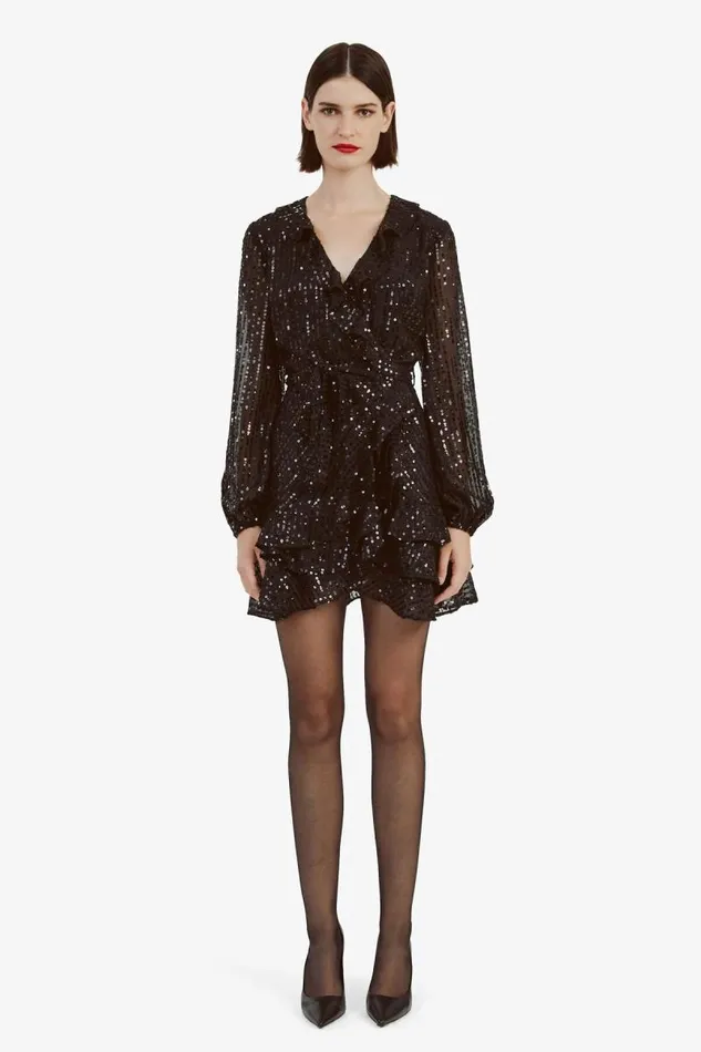 Women Party Dresses Bardot Triple Frill Sequin Dress In Black Black