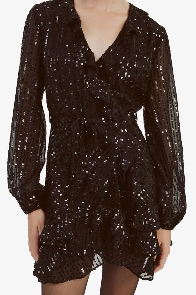 Women Party Dresses Bardot Triple Frill Sequin Dress In Black Black