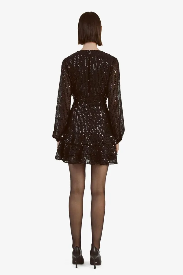 Women Party Dresses Bardot Triple Frill Sequin Dress In Black Black