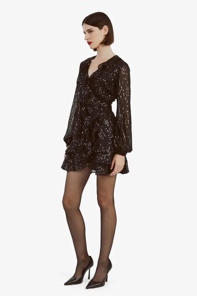 Women Party Dresses Bardot Triple Frill Sequin Dress In Black Black