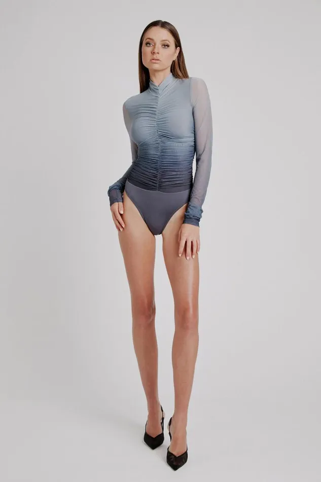 Women Party Tops Bardot Charis Mesh Bodysuit In Grey Ombre Grey Ombre