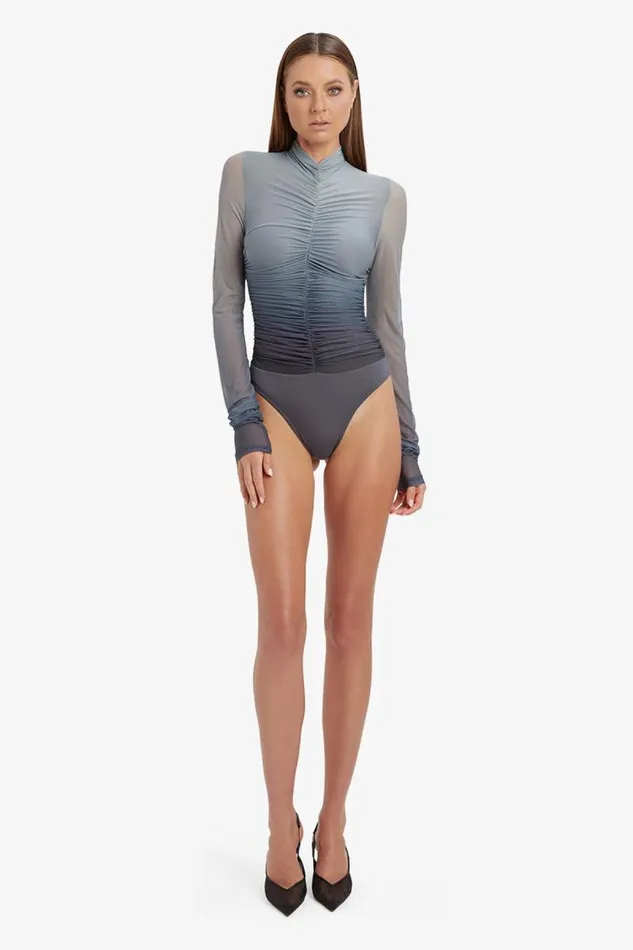 Women Party Tops Bardot Charis Mesh Bodysuit In Grey Ombre Grey Ombre