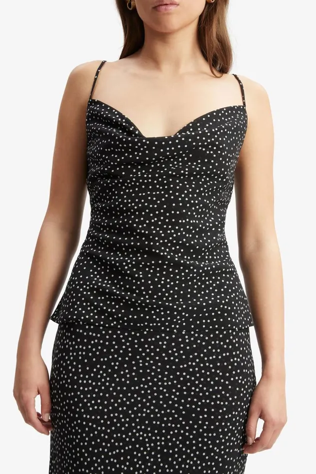 Women Party Tops Bardot Monroe Cowl Neck Spot Cami In Black Spot Black Spot