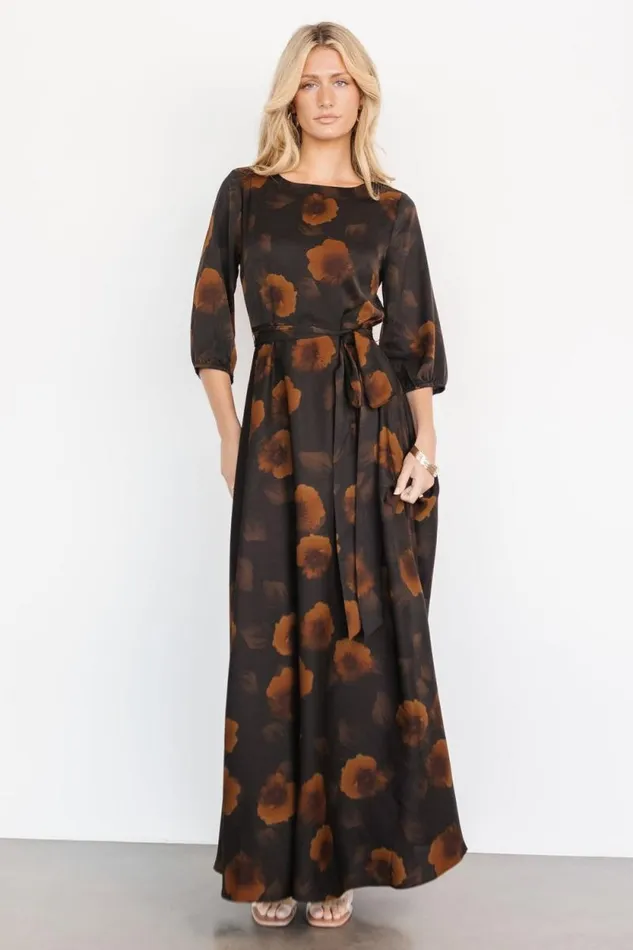 Women Paula Satin Maxi Dress Deep Brown Floral Baltic Born Bump Friendly