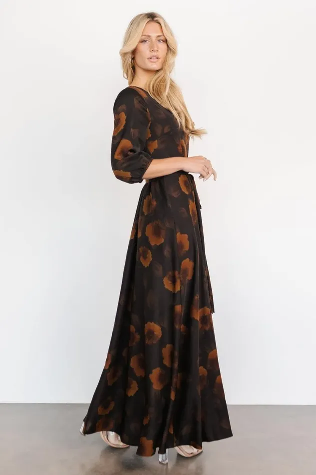 Women Paula Satin Maxi Dress Deep Brown Floral Baltic Born Bump Friendly Women Paula Satin Maxi Dress Deep Brown Floral Baltic Born Bump Friendly