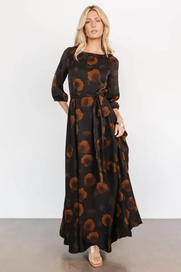 Women Paula Satin Maxi Dress Deep Brown Floral Baltic Born Bump Friendly Women Paula Satin Maxi Dress Deep Brown Floral Baltic Born Bump Friendly