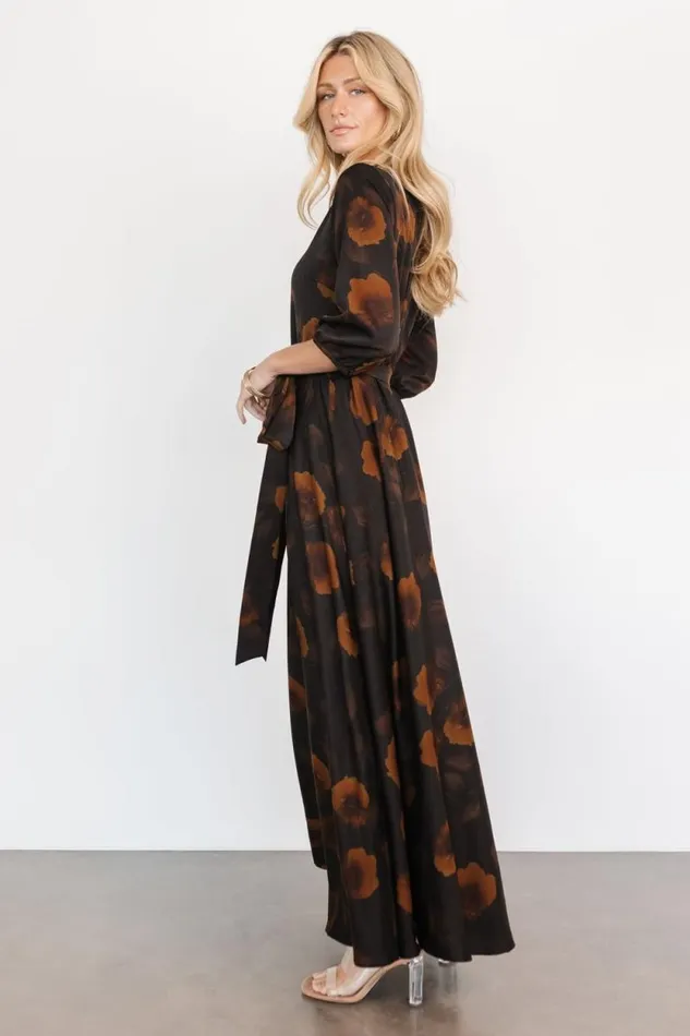 Women Paula Satin Maxi Dress Deep Brown Floral Baltic Born Bump Friendly Women Paula Satin Maxi Dress Deep Brown Floral Baltic Born Bump Friendly