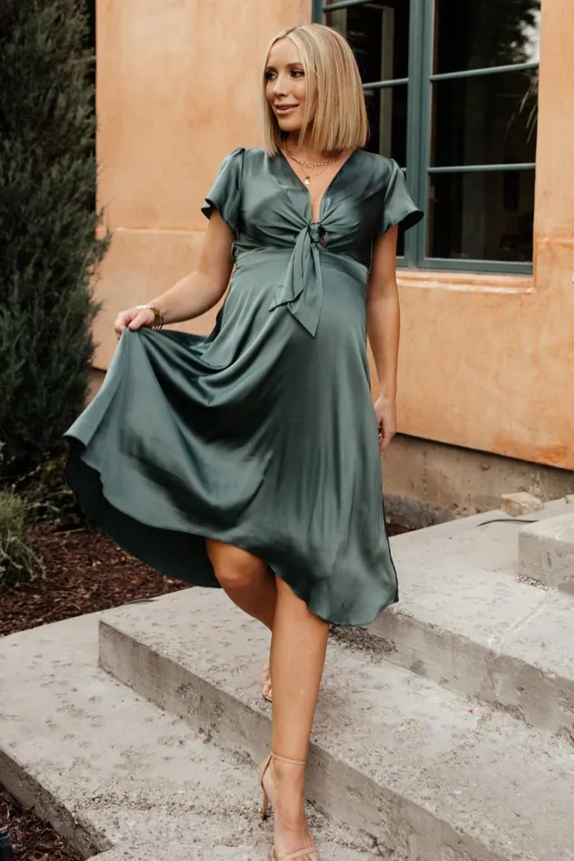 Women Poppy Satin Midi Dress Winter Green Baltic Born Bump Friendly