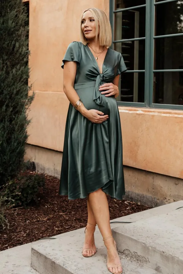 Women Poppy Satin Midi Dress Winter Green Baltic Born Bump Friendly