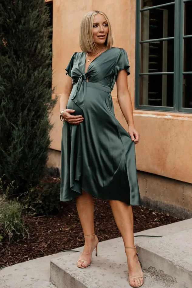 Women Poppy Satin Midi Dress Winter Green Baltic Born Bump Friendly