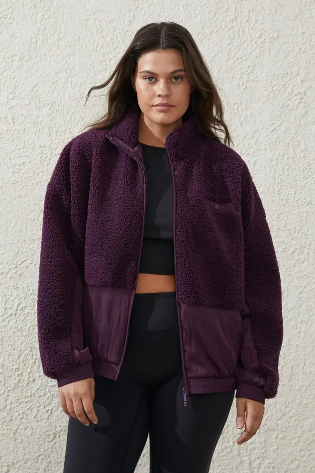 Women Puffers and Jackets Cotton On Sherpa Contrast Zip Through Long Sleeve Pickled Beet