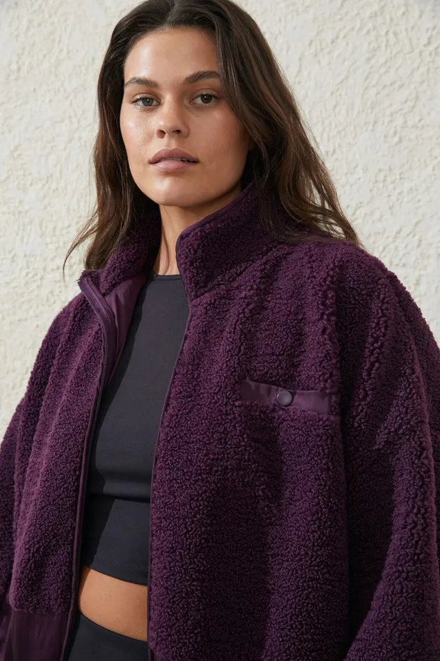 Women Puffers and Jackets Cotton On Sherpa Contrast Zip Through Long Sleeve Pickled Beet