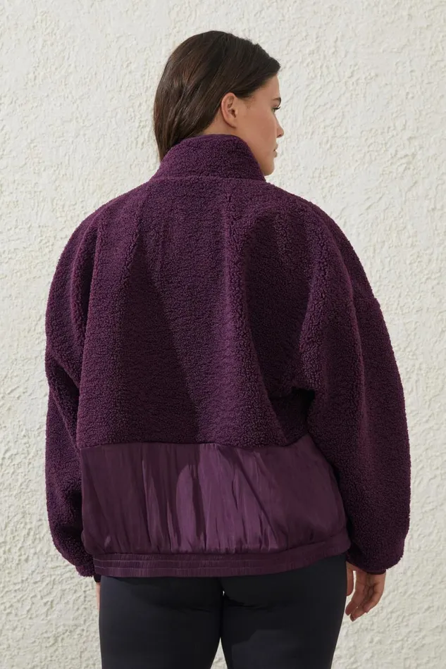 Women Puffers and Jackets Cotton On Sherpa Contrast Zip Through Long Sleeve Pickled Beet