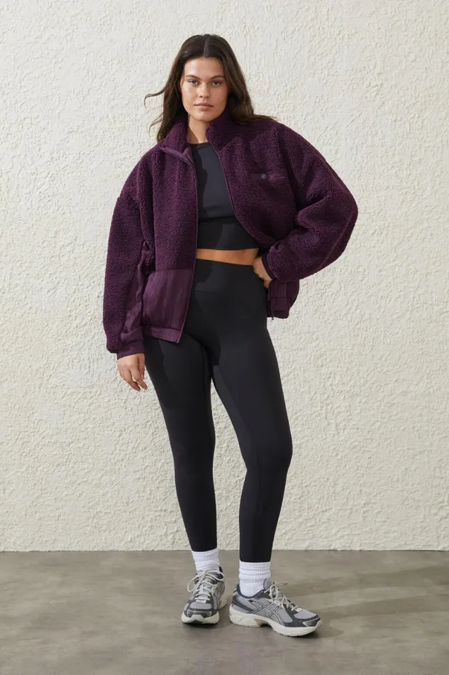 Women Puffers and Jackets Cotton On Sherpa Contrast Zip Through Long Sleeve Pickled Beet