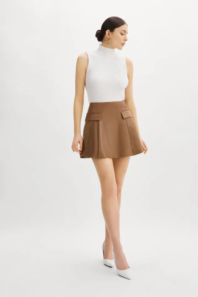Women RHONDA Leather Pleated Mini Skirt Mink Brown LAMARQUE Skirts