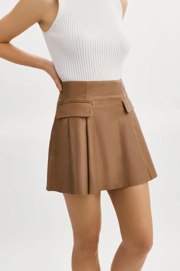 Women RHONDA Leather Pleated Mini Skirt Mink Brown LAMARQUE Skirts