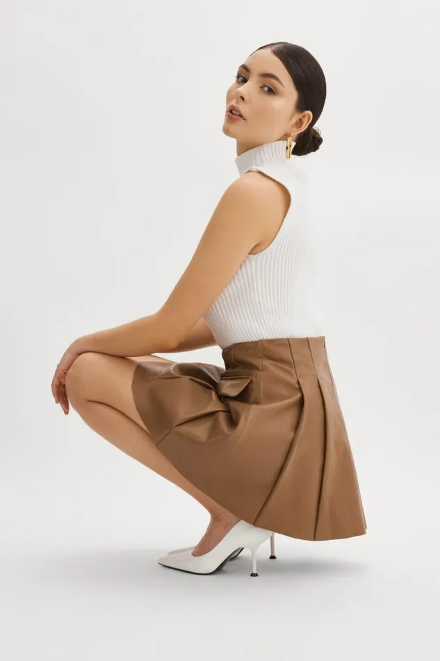 Women RHONDA Leather Pleated Mini Skirt Mink Brown LAMARQUE Skirts