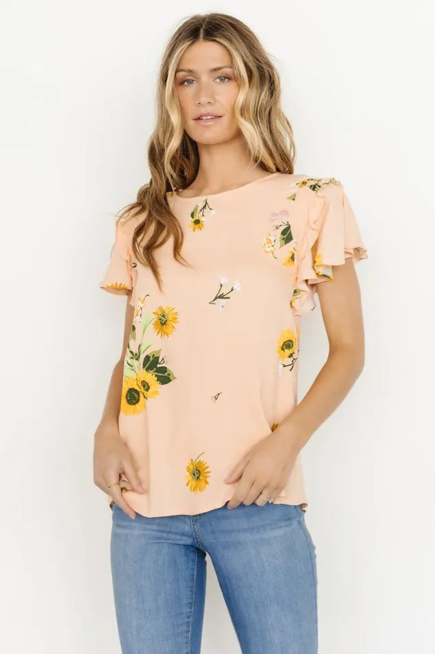 Women Shelby Ruffle Sleeve Top Peach Sunflower Print Baltic Born Blouses and Shirts