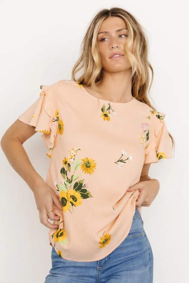 Women Shelby Ruffle Sleeve Top Peach Sunflower Print Baltic Born Blouses and Shirts Women Shelby Ruffle Sleeve Top Peach Sunflower Print Baltic Born Blouses and Shirts