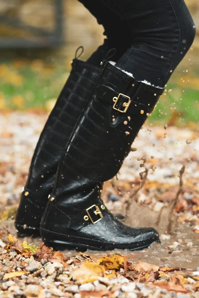 Women Sherpa Lined Regency Wellington Black Croc Holland Cooper Wellington Boots
