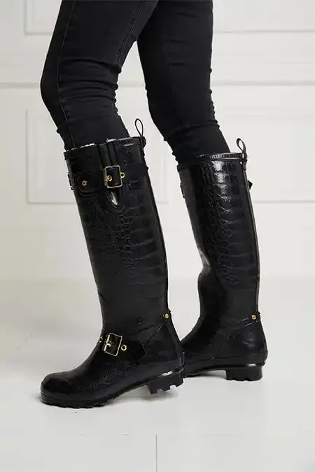 Women Sherpa Lined Regency Wellington Black Croc Holland Cooper Wellington Boots