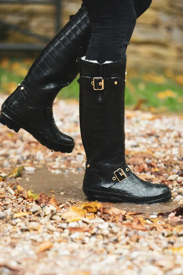 Women Sherpa Lined Regency Wellington Black Croc Holland Cooper Wellington Boots